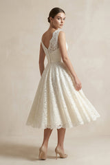 Lace Illusion Neck Lace A-Line Midi Wedding Dress in White