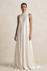 Lace Illusion Neck Satin A-Line Wedding Dress in Ivory