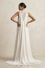 Lace Illusion Neck Satin A-Line Wedding Dress in Ivory