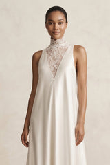 Lace Illusion Neck Satin A-Line Wedding Dress in Ivory