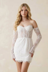 Lace Long Sleeves Sweetheart Sheath Mini Wedding Dress in White