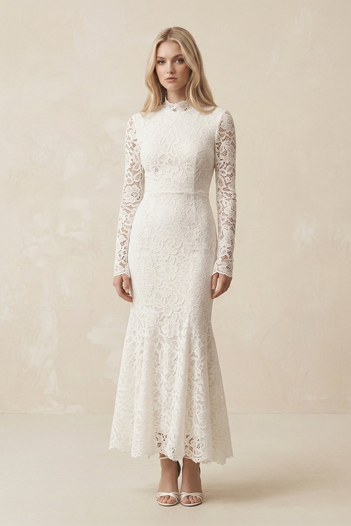 Lace Mermaid High-Neck Midi Wedding Dress With Long Sleeves in Ivory