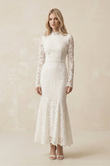 Lace Mermaid High-Neck Midi Wedding Dress With Long Sleeves in Ivory