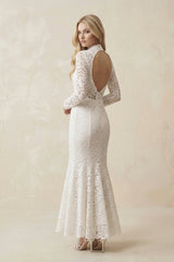 Lace Mermaid High-Neck Midi Wedding Dress With Long Sleeves in Ivory