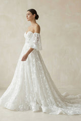 Lace Sweetheart A-Line Corset Wedding Dress With Sleeves in White