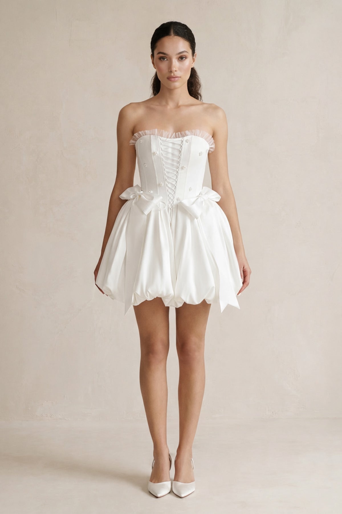 Lace-up Strapless Taffeta A-Line Wedding Dress With Bow in Ivory