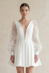 Lace V-Neck A-Line Satin Wedding Dress With Long Sleeves in White