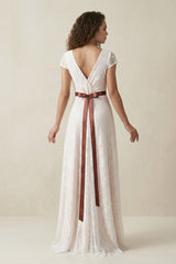 Lace V-Neck A-Line Cap Sleeve Wedding Dress With Belt in Ivory