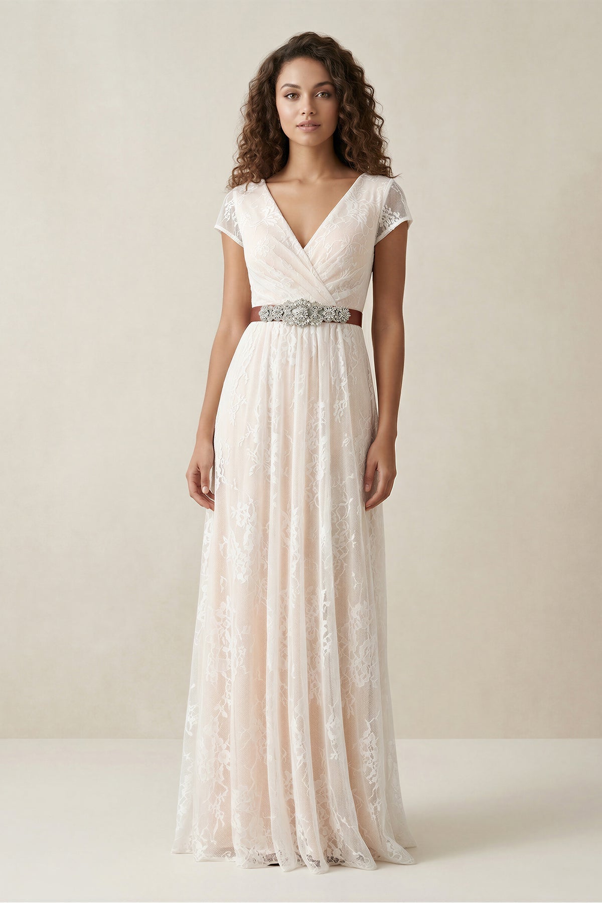 Lace V-Neck A-Line Cap Sleeve Wedding Dress With Belt in Ivory