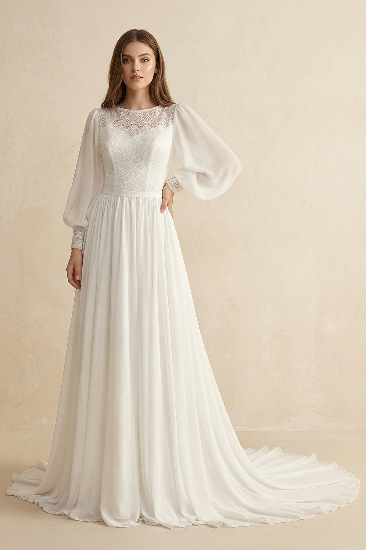 Long Sleeve A Line Wedding Dress With Appliques in Ivory