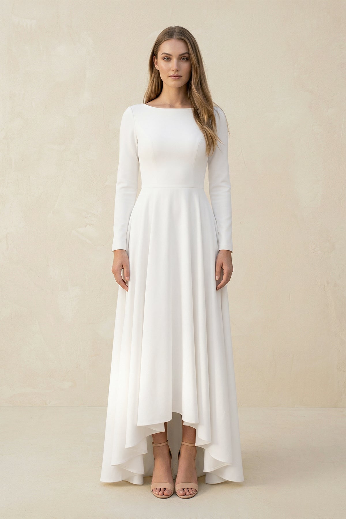 Long Sleeves A Line Satin High Low Wedding Dress in White