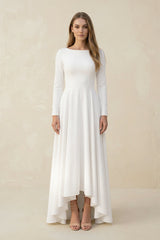 Long Sleeves A Line Satin High Low Wedding Dress in White