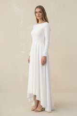 Long Sleeves A Line Satin High Low Wedding Dress in White