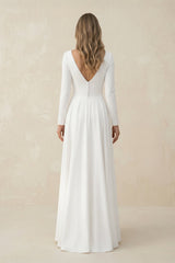 Long Sleeves A Line Satin High Low Wedding Dress in White