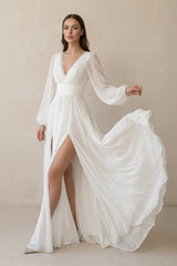 Long Sleeves V-Neck Chiffon Wedding Dress With Slit