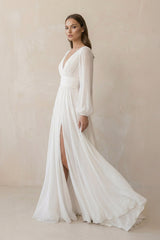 Long Sleeves V-Neck Chiffon Wedding Dress With Slit