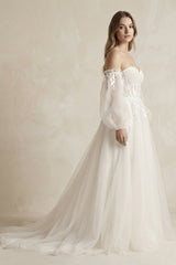 Long Sleeves Tulle A-Line Off-the-Shoulder Wedding Dress in White