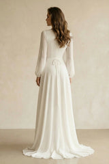 Long Sleeves V-Neck Chiffon A-Line Wedding Dress in White
