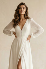Long Sleeves V-Neck Chiffon A-Line Wedding Dress in White