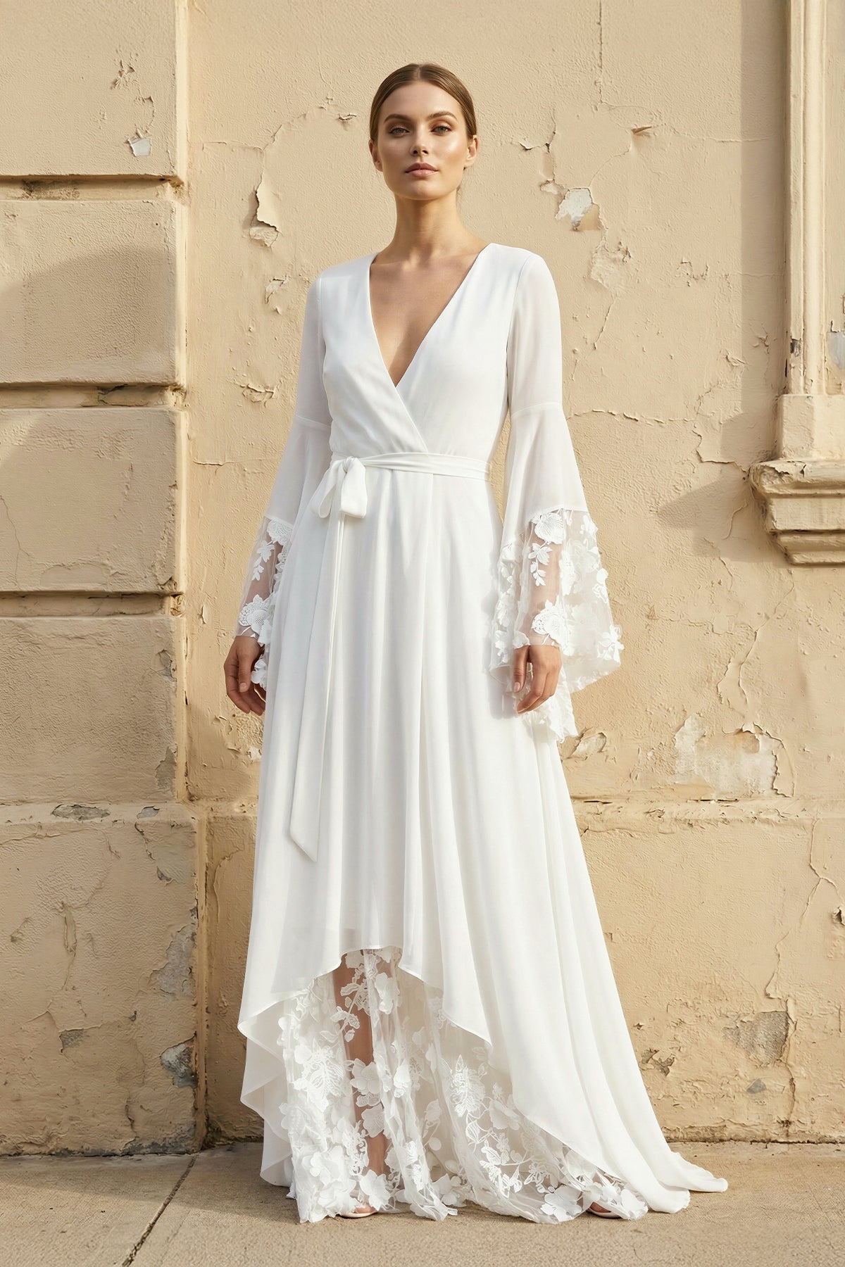 Long Sleeves V Neck Lace Wedding Dress in White