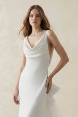 Mermaid Crepe Cowl Neck Wedding Dress with Train in White