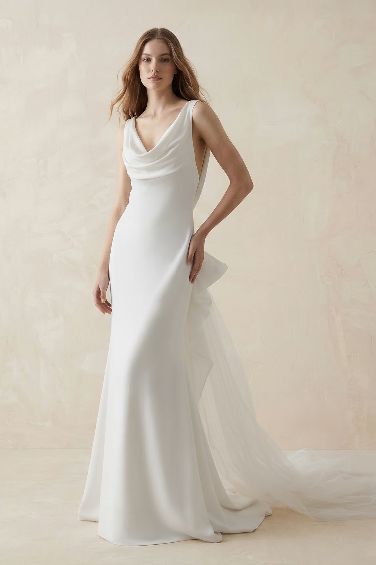 Mermaid Crepe Cowl Neck Wedding Dress with Train in White