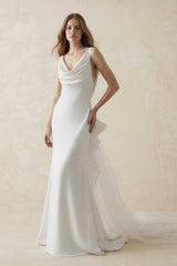 Mermaid Crepe Cowl Neck Wedding Dress with Train in White