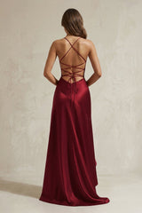 Mermaid High-Low Satin Ruffled Long Prom Dress in Burgundy