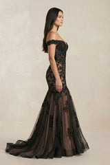 Mermaid Off-the-Shoulder Appliqued Beaded Wedding Dress in Black