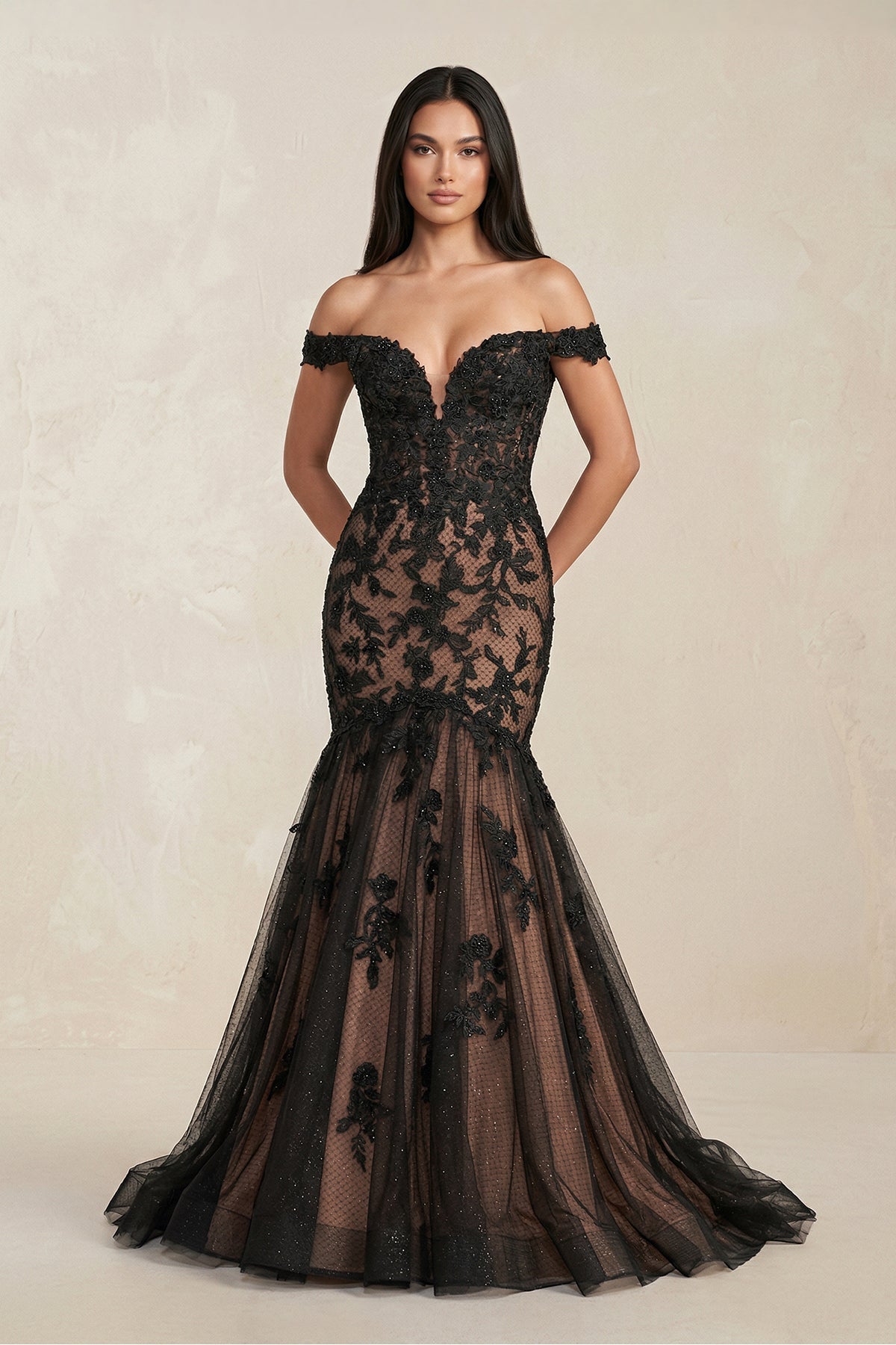 Mermaid Off-the-Shoulder Appliqued Beaded Wedding Dress in Black