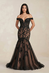 Mermaid Off-the-Shoulder Appliqued Beaded Wedding Dress in Black