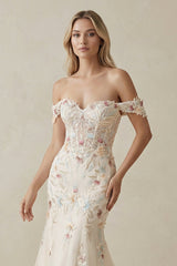 Mermaid Off The Shoulder Tulle Wedding Dress in Champagne