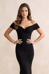 Mermaid Off-The-Shoulder Stretch Satin Pleated Maxi Dress in Black
