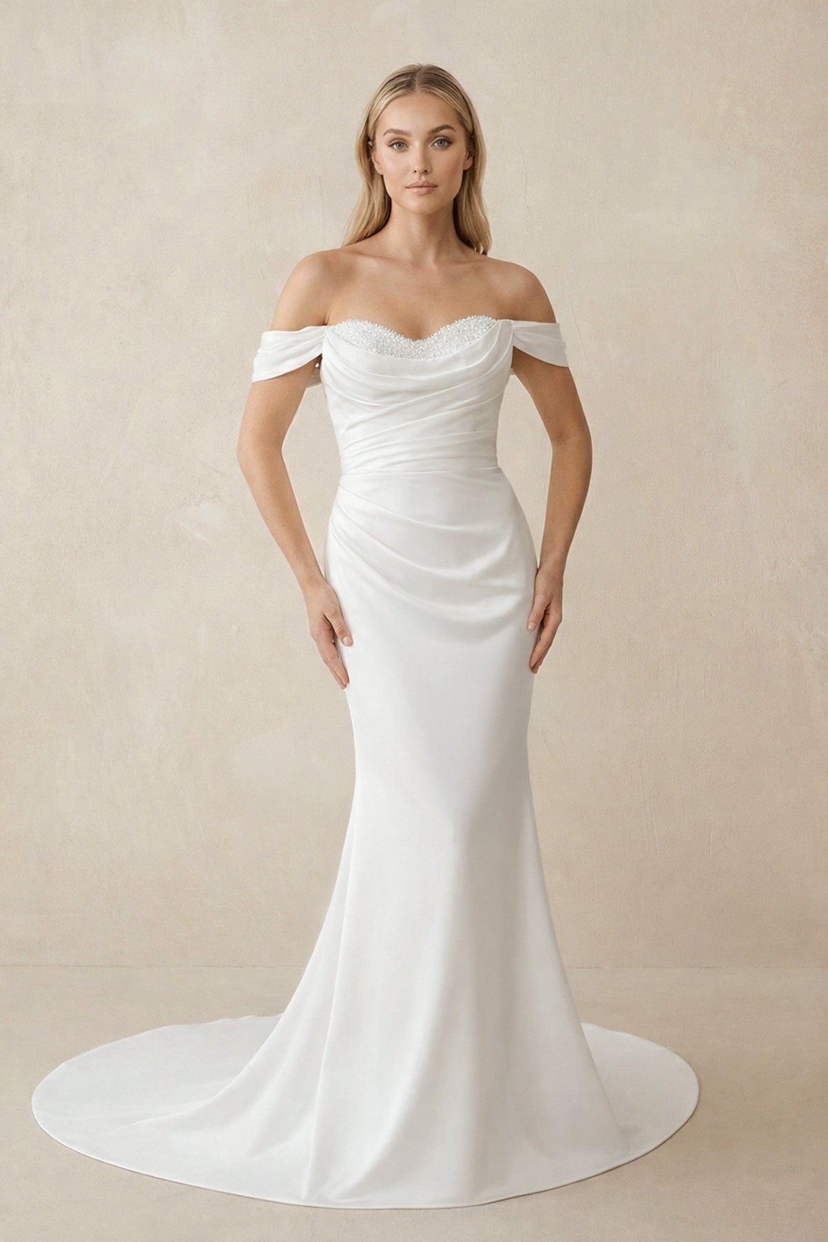 Mermaid Pearls Off-the-Shoulder Wedding Dress in White
