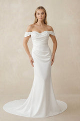 Mermaid Pearls Off-the-Shoulder Wedding Dress in White