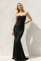 Mermaid Ruched Metallic Maxi Dress in Black