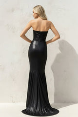 Mermaid Ruched Metallic Maxi Dress in Black