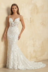 Mermaid Spaghetti Straps Lace Wedding Dress in Ivory