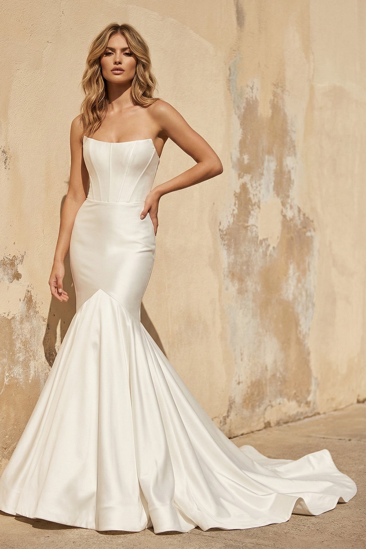 Mermaid Strapless Satin Wedding Dress in Ivory