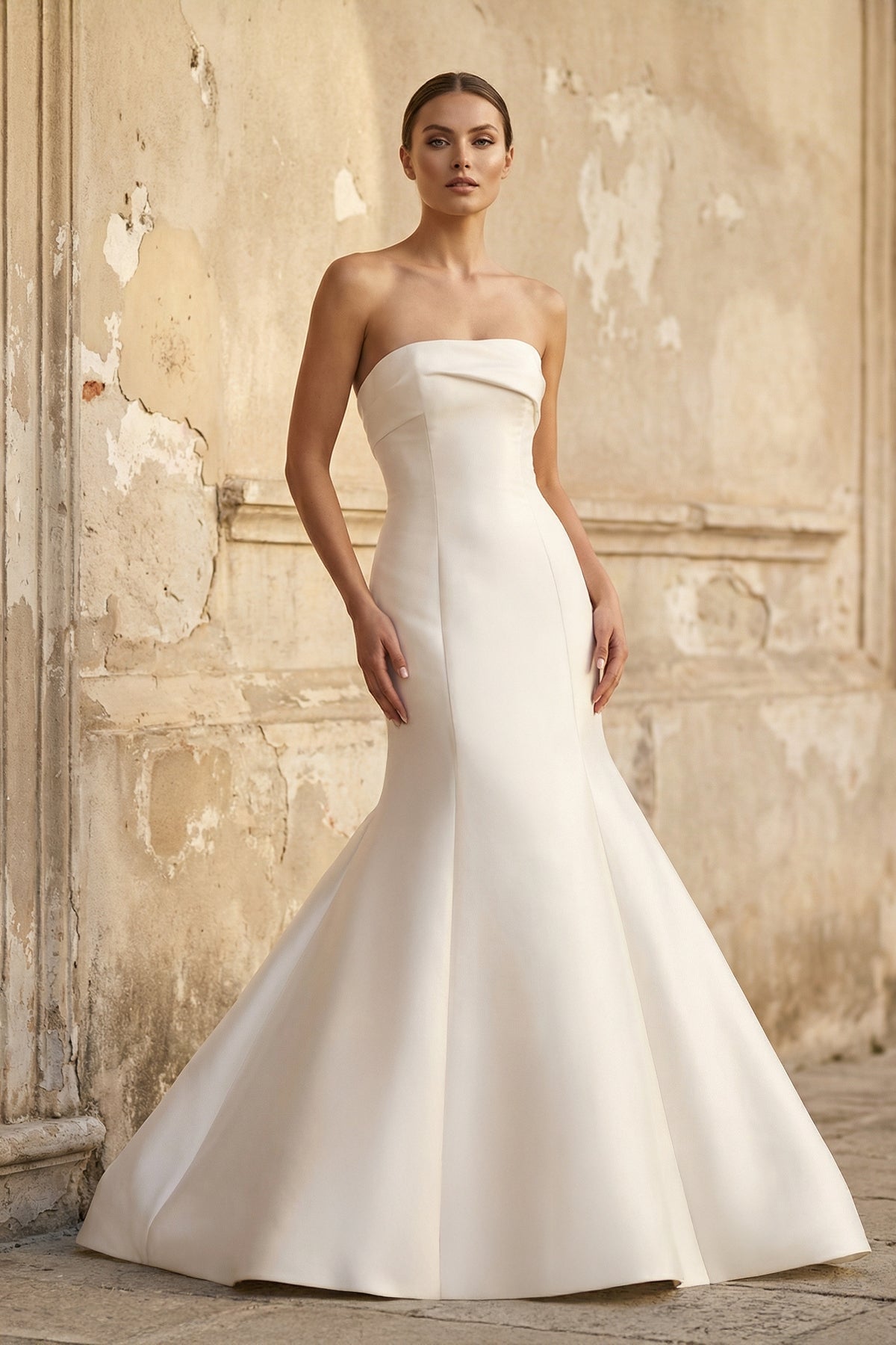 Mermaid Strapless Satin Wedding Dress With Bow in White