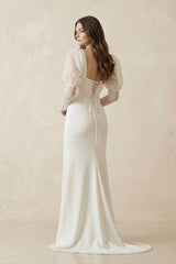 Mermaid Sweetheart Satin Long Sleeves Corset Wedding Dress in Ivory