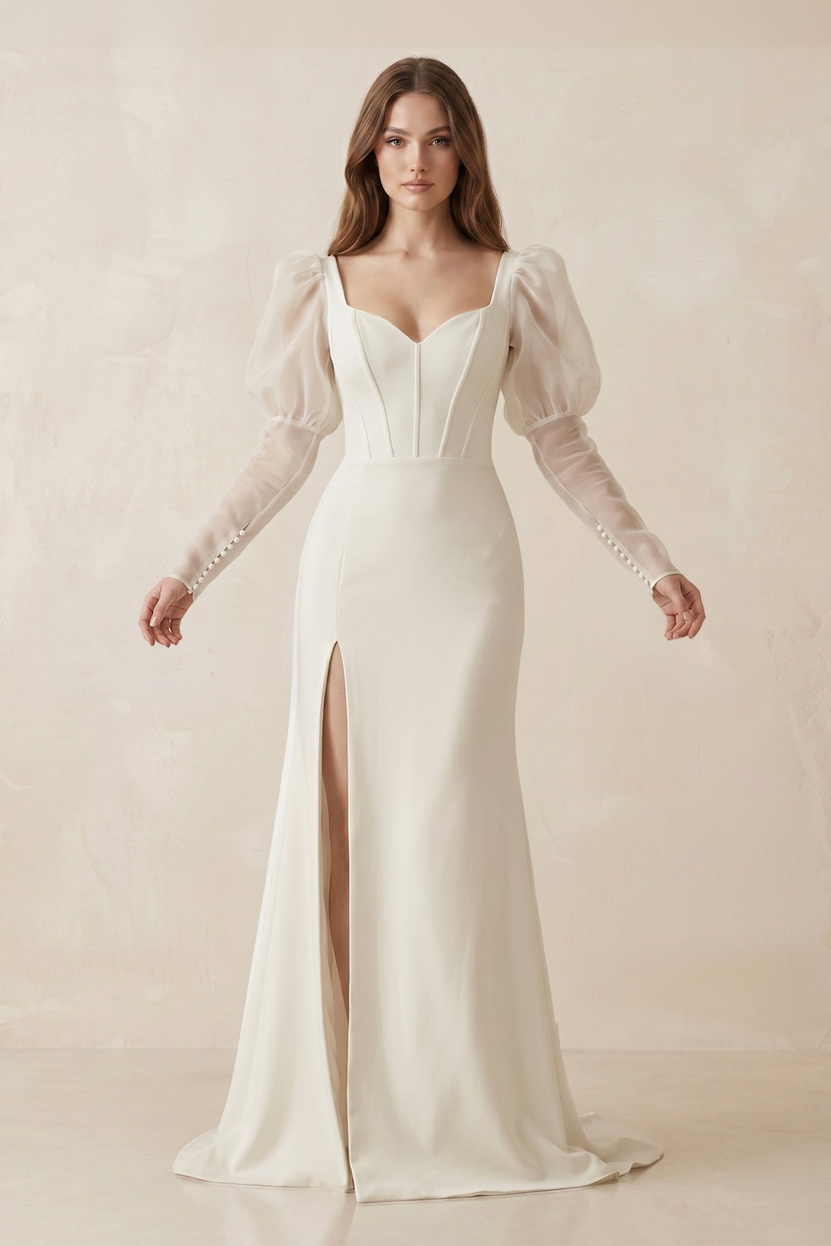 Mermaid Sweetheart Satin Long Sleeves Corset Wedding Dress in Ivory