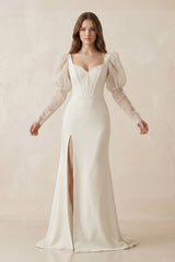 Mermaid Sweetheart Satin Long Sleeves Corset Wedding Dress in Ivory