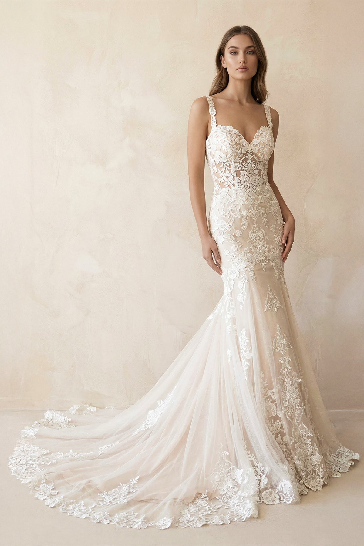Mermaid Sweetheart Tulle Wedding Dress in White and Nude