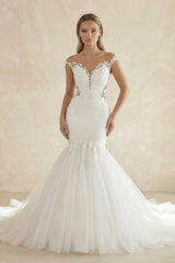 Mermaid Tulle Appliqued Off-the-Shoulder Wedding Dress in White