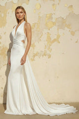 Mermaid V Neck Satin Wedding Dress in White