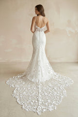 Mermaid V Neck Satin Wedding Dress With Appliques in White