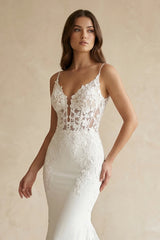 Mermaid V Neck Satin Wedding Dress With Appliques in White