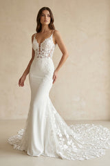 Mermaid V Neck Satin Wedding Dress With Appliques in White
