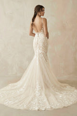 Ivory Mermaid Spaghetti Straps Wedding Dresses with Appliques